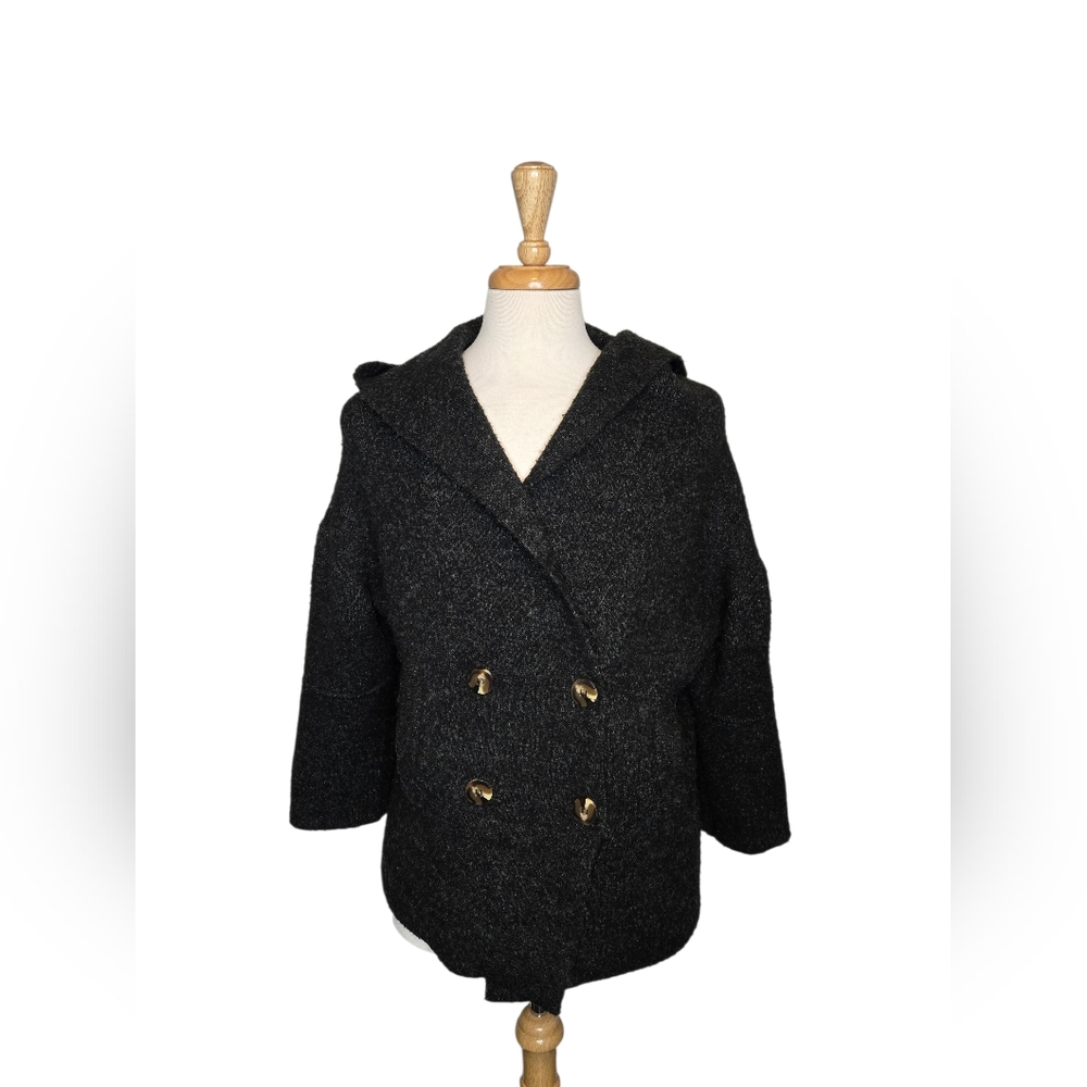 Zara Knit Hooded Cardigan Coat Oversized Chunky Sweater Dark Grey Size‎ S